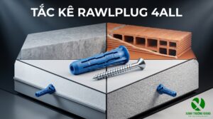 Hình ảnh sản phẩm tắc kê đa năng Rawlplug 4ALL cùng vít thép đi kèm được đặt trên nền 4 loại vật liệu xây dựng phổ biến gồm bê tông đặc, gạch rỗng tuynel, vách thạch cao và gạch nhẹ AAC.